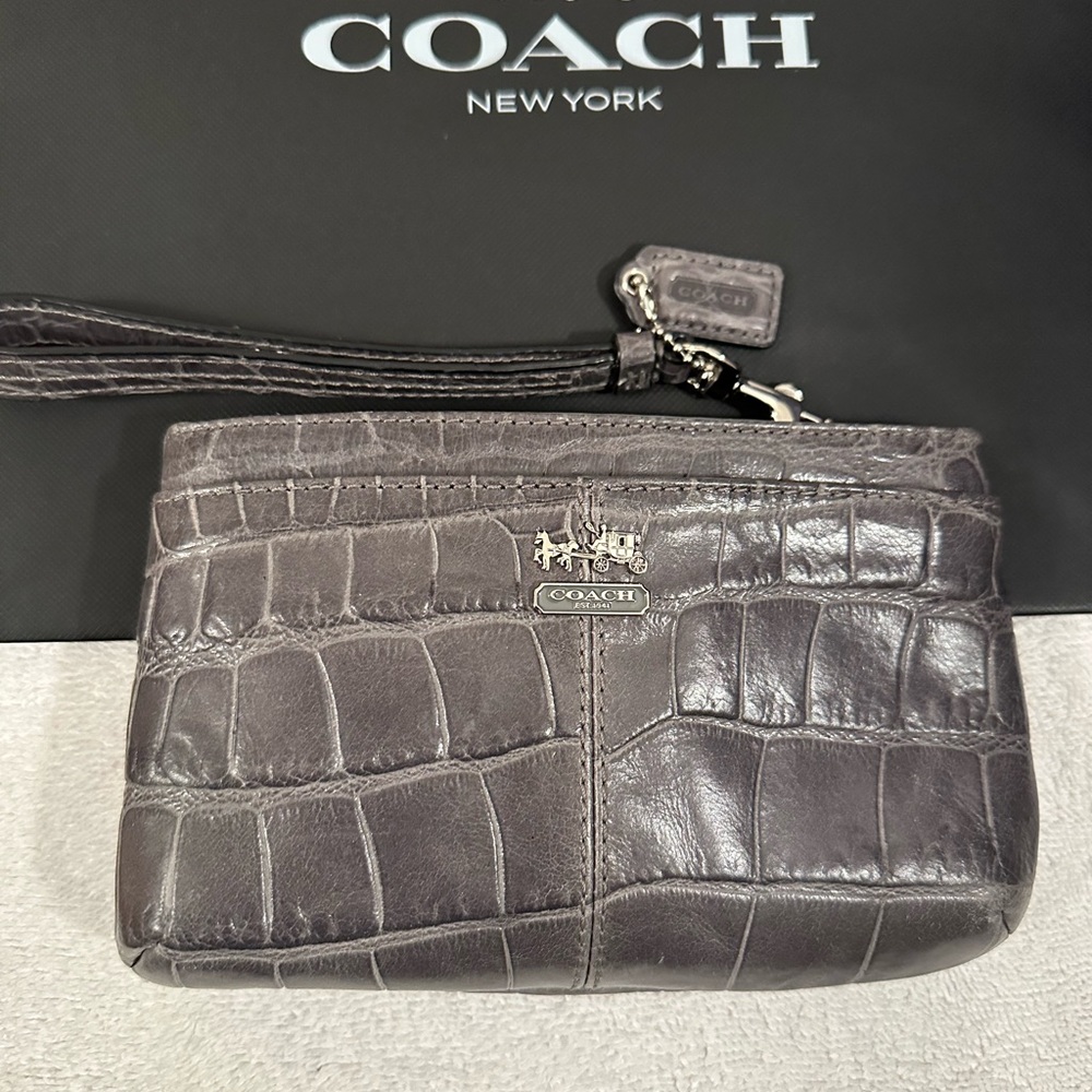 Coach Gray Croc Embossed Wristlet